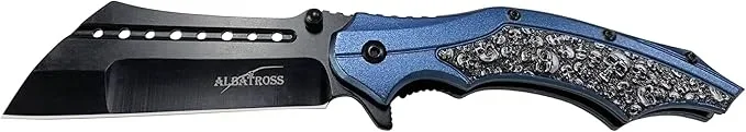 ALBATROSS Folding Pocket Knife, 3″ Black Blade, 4.75″ Aluminum Handle with the skull pattern, Liner Lock (Blue)