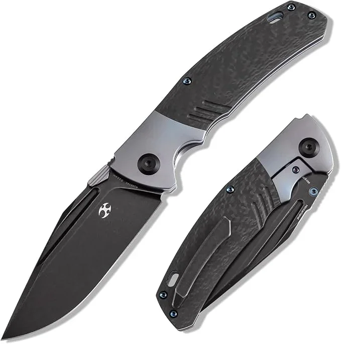 KANSEPT Hinterland Pocket Folding Knives for Men EDC Camping Folding Knife 3.58” Blackwash CPM S35VN Blade Pocket Folding Knife with Blue Anodized Titanium Twill Carbon Fiber Inlay Handle K1057A1