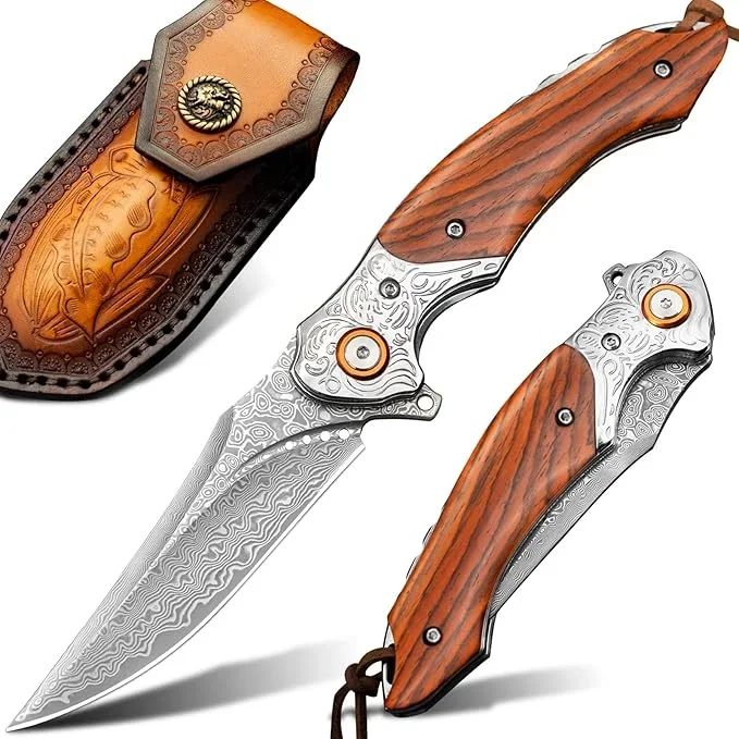LOTHAR Damascus Pocket Knife for Men, 7.78″ VG10 Folding Knife with Retro Leather Sheath and Classical Bolster, EDC Knife Anniversaries, Christmas, Stocking Stuffers for Men Dad, Elegant Gifts for Men (Red)