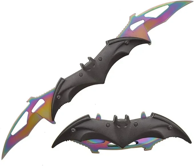 Twin Blade Knife – Dark Knight Pocket Folding Spring Assisted Dual Blades Bat Knives With Belt Clip Rainbow, Red, Black, Gold And Silver (black-rainbow)